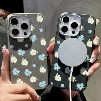 Для Magsafe Magnetic Blue Little Flower Матовый чехол для телефона iPhone 16 15 Pro 14 Plus 13 12 Pro Max 11 Противоударный мягкий TPU Тонкий кожаный текстурный чехол iPhone 16 чёрный