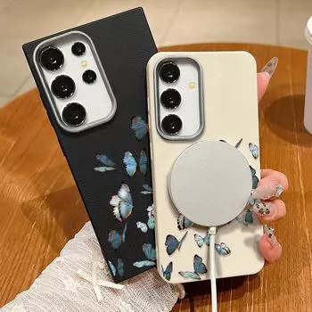 Для Magsafe Magnetic Bule Butterfly Pattern Case для Samsung S25 S22 Ultra Plus S24 S23 S21 S20 Fe Противоударный мягкий TPU тонкий однотонный чехол Samsung S25 чёрный