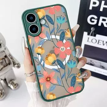 Для Magsafe Magnetic Clear Blue Flower Case для iPhone 16 Pro 15 14 Plus 13 12 Mini 11 Pro Max 8 7 Soft Edges Plain Color Edges Slim Hard Cover iPhone 16 чёрный