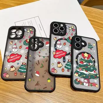 Для Magsafe Magnetic Clear Hard Shell для iPhone 16 Plus 15 14 13 12 Pro Max 11 Рождественский узор Противоударный Мягкие края Защитный чехол для объектива iPhone 16