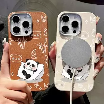 Для Magsafe Magnetic Cute Panda Matte Phone Case для iPhone 16 15 Pro 14 Plus 13 12 Pro Max 11 противоударный мягкий TPU тонкий кожаный текстурный чехол iPhone 16 чёрный