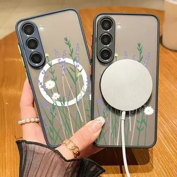 Для Magsafe Magnetic Daisy Pattern Clear Phone Case для Samsung S24 S22 Ultra S23 S21 S20 Fe A55 A54 A53 A52 A35 A15 Противоударный мягкий жесткий чехол с краями Samsung S24 FE чёрный