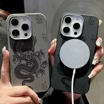 Для Magsafe Magnetic Dragon Pattern Leather Texture Phone Case для iPhone 16 Pro 15 14 Plus 13 12 Pro Max 11 Мягкий TPU противоударный однотонный чехол iPhone 16 чёрный