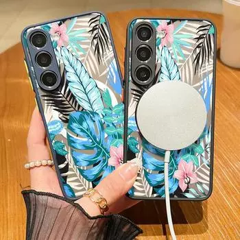 Для Magsafe Magnetic Flowering Pattern Case для Samsung S24 S22 Ultra Plus S23 S21 S20 Fe A55 A54 A53 A52 A35 A34 A15 Soft Edges Hard Clear Cover Samsung S24 чёрный