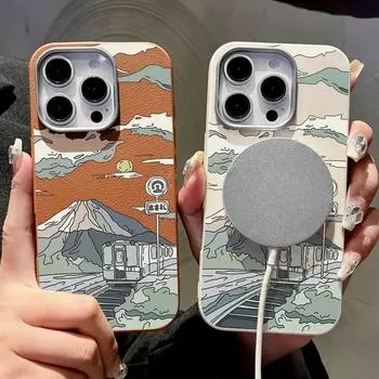 Для Magsafe Magnetic Fujiyama Pattern Leather Texture Case для iPhone 16 Pro 15 14 Plus 13 12 Pro Max 11 Мягкий TPU противоударный однотонный чехол iPhone 16 чёрный