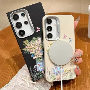 Для Magsafe Magnetic Girl Flower Pattern Square Phone Case для Samsung S24 S22 Ultra Plus S23 S21 S20 Fe Противоударный мягкий TPU тонкий матовый чехол Samsung S24 FE чёрный