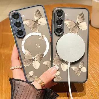 Для Magsafe Magnetic Gold Butterfly Case для Samsung S24 S22 Ultra S23 S21 S20 Fe A55 A54 A53 A52 A35 A15 Противоударный прозрачный мягкий жесткий чехол с краями Samsung S24 FE чёрный