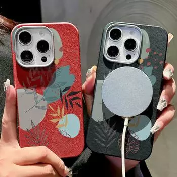 Для Magsafe Magnetic Green Line Flower Print Leather Texture Case для iPhone 16 Pro 15 14 Plus 13 12 Pro Max 11 Soft TPU Противоударный однотонный чехол iPhone 15 чёрный