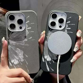 Для Magsafe Magnetic Grey Butterfly Matte Phone Case для iPhone 16 15 Pro 14 Plus 13 12 Pro Max 11 противоударный мягкий TPU тонкий кожаный текстурный чехол iPhone 16 чёрный
