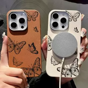 Для Magsafe Magnetic Hollow Butterfly Pattern Leather Texture Case для iPhone 16 Pro 15 14 Plus 13 12 Pro Max 11 Soft TPU Противоударный однотонный чехол iPhone 16 чёрный