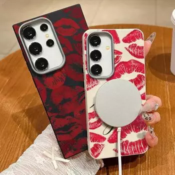 Для Magsafe Magnetic Kiss Lips Square Phone Case для Samsung S25 S24 S22 Ultra Plus S23 S21 S20 Fe Противоударный мягкий TPU тонкий однотонный чехол Samsung S25 чёрный
