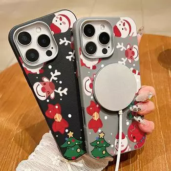 Для Magsafe Magnetic Leather Texture Shell для iPhone 16 15 Pro 14 Plus 13 12 Pro Max 11 Christmas Santa Claus Pattern Противоударный мягкий TPU тонкий чехол iPhone 16 чёрный