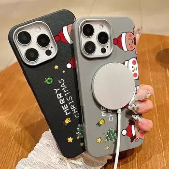 Для Magsafe Magnetic Leather Texture Shell для iPhone 16 15 Pro 14 Plus 13 12 Pro Max 11 Новогодний Рождественский Узор Противоударный Мягкий TPU Тонкий Чехол iPhone 16 чёрный