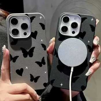 Для Magsafe Magnetic Love Hearts Butterfly Leather Texture Case для iPhone 16 Pro 15 14 Plus 13 12 Pro Max 11 Soft TPU Противоударный однотонный чехол iPhone 16 чёрный