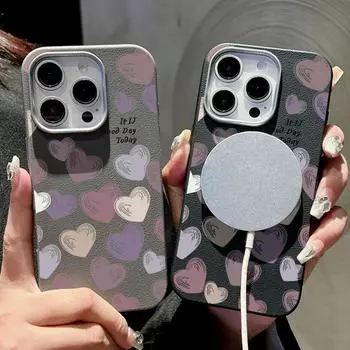 Для Magsafe Magnetic Love Hearts Матовый чехол для телефона iPhone 16 15 Pro 14 Plus 13 12 Pro Max 11 Противоударный мягкий TPU Тонкий кожаный текстурный чехол iPhone 16 чёрный