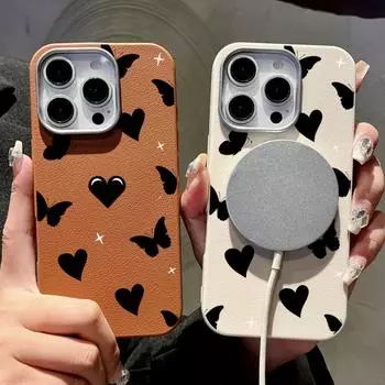 Для Magsafe Magnetic Love Hearts Pattern Leather Texture Case для iPhone 16 Pro 15 14 Plus 13 12 Pro Max 11 Soft TPU Противоударный однотонный чехол iPhone 16 чёрный