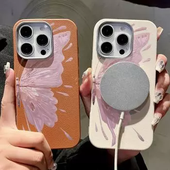 Для Magsafe Magnetic Matte Butterfly Print Phone Case для iPhone 16 15 Pro 14 Plus 13 12 Pro Max 11 Противоударный мягкий TPU тонкий кожаный текстурный чехол iPhone 16 чёрный