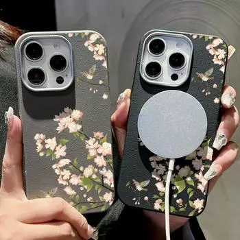 Для Magsafe Magnetic Matte Cherry Blossom Phone Case для iPhone 16 15 Pro 14 Plus 13 12 Pro Max 11 Противоударный мягкий TPU тонкий кожаный текстурный чехол iPhone 16 чёрный