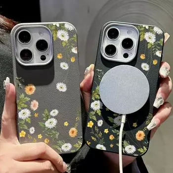 Для Magsafe Magnetic Matte Chrysanthemum Phone Case для iPhone 16 15 Pro 14 Plus 13 12 Pro Max 11 Противоударный мягкий TPU тонкий кожаный текстурный чехол iPhone 16 чёрный