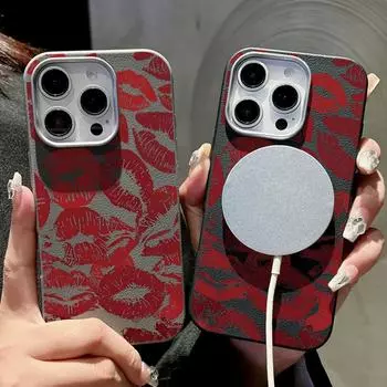 Для Magsafe Magnetic Matte Dark Red Lips Phone Case для iPhone 16 15 Pro 14 Plus 13 12 Pro Max 11 Противоударный мягкий TPU тонкий кожаный текстурный чехол iPhone 16 чёрный