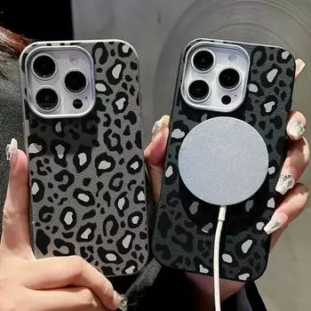 Для Magsafe Magnetic Matte Grey Leopard Print Phone Case для iPhone 16 15 Pro 14 Plus 13 12 Pro Max 11 Противоударный мягкий TPU тонкий кожаный чехол с текстурой iPhone 16 чёрный
