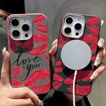 Для Magsafe Magnetic Matte Kiss Lips Phone Case для iPhone 16 15 Pro 14 Plus 13 12 Pro Max 11 противоударный мягкий TPU тонкий кожаный текстурный чехол iPhone 16 чёрный