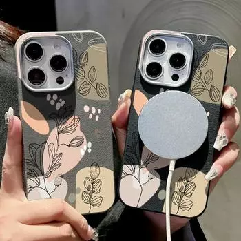 Для Magsafe Magnetic Matte Line Flower Print Phone Case для iPhone 16 15 Pro 14 Plus 13 12 Pro Max 11 Противоударный мягкий TPU тонкий кожаный текстурный чехол iPhone 16 чёрный