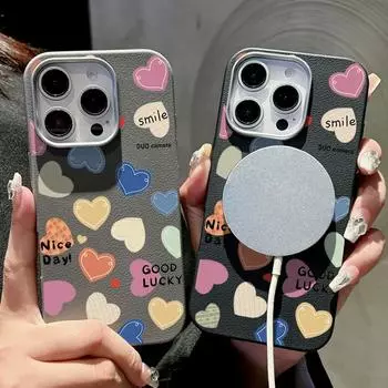Для Magsafe Magnetic Matte Relief Love Hearts Phone Case для iPhone 16 15 Pro 14 Plus 13 12 Pro Max 11 Противоударный мягкий TPU тонкий кожаный текстурный чехол iPhone 16 чёрный