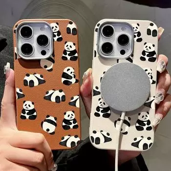 Для Magsafe Magnetic Pandas Pattern Matte Phone Case для iPhone 16 15 Pro 14 Plus 13 12 Pro Max 11 Противоударный мягкий TPU тонкий кожаный текстурный чехол iPhone 16 чёрный