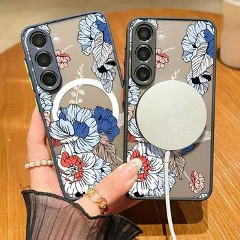 Для Magsafe Magnetic Peony Flower Pattern Case для Samsung S24 S22 Ultra Plus S23 S21 S20 Fe A55 A54 A53 A52 A35 A34 A15 Soft Edges Hard Clear Cover Samsung S24 FE чёрный