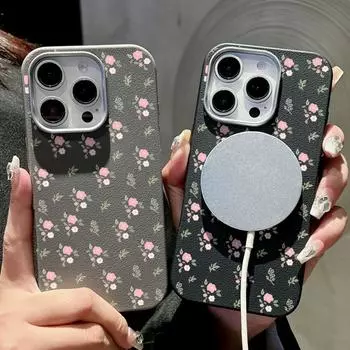 Для Magsafe Magnetic Pink Little Flower Матовый чехол для телефона iPhone 16 15 Pro 14 Plus 13 12 Pro Max 11 Противоударный мягкий TPU Тонкий кожаный текстурный чехол iPhone 16 чёрный