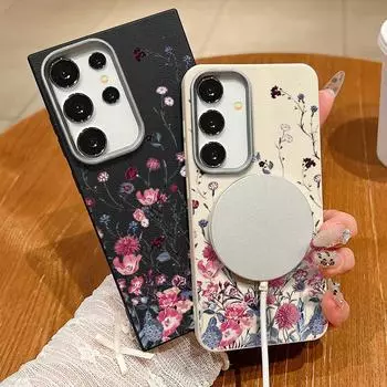 Для Magsafe Magnetic Purple Flower Square Shell для Samsung S25 S24 S22 Ultra Plus S23 S21 S20 Fe Противоударный мягкий TPU тонкий однотонный чехол Samsung S25 чёрный