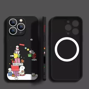 Для Magsafe Magnetic Soft Shell для iPhone 16 15 Pro 14 13 12 Pro Max 11 Рождественский снеговик Pattern Ударопрочный с шнурком Защита объектива Тонкий чехол iPhone 16 чёрный