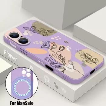 Для Magsafe Magnetic Tpu Soft Shell для iPhone 16 15 Pro 14 13 12 Pro Max 11 Line Flower Pattern противоударный с ремешком для защиты линз тонкий чехол iPhone 16 чёрный