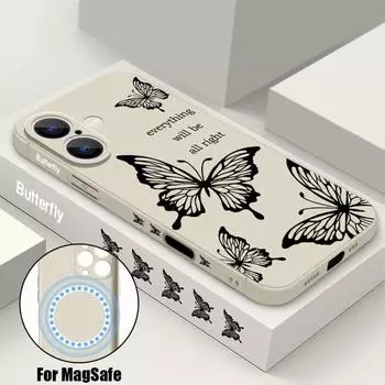 Для Magsafe Magnetic Tpu Soft Shell для iPhone 16 15 Pro 14 13 12 Pro Max Butterfly Pattern противоударный с ремешком для защиты объектива тонкий чехол iPhone 16 чёрный