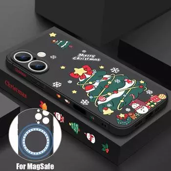 Для Magsafe Magnetic Tpu Soft Shell для iPhone 16 15 Pro 14 13 12 Pro Max 11 Christmas Tree Pattern противоударный с ремешком для защиты объектива тонкий чехол iPhone 16 чёрный