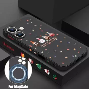 Для Magsafe Magnetic Tpu Soft Shell для iPhone 16 15 Pro 14 13 12 Pro Max 11 Рождественский узор противоударный с шнурком для защиты объектива тонкий чехол iPhone 16 чёрный