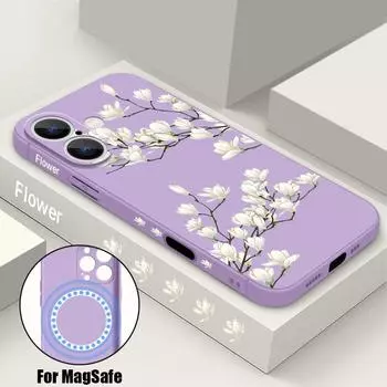 Для Magsafe Magnetic Tpu Soft Shell для iPhone 16 15 Pro 14 13 12 Pro Max 11 Модный цветочный узор противоударный с защитой линз на шнурке Тонкий чехол iPhone 16 чёрный