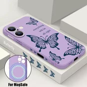 Для Magsafe Magnetic Tpu Soft Shell для iPhone 16 15 Pro 14 13 12 11 Pro Max цветной узор бабочки ударопрочный с шнурком защита линз тонкий чехол iPhone 16 чёрный