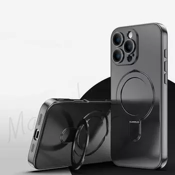 Для Magsafe Magnetic Wireless Charge Shell для iPhone 16 Pro 15 14 13 12 Pro Max Pc Hard Ring Stand Shockproof Lens Protection Slim Cover iPhone 16 чёрный