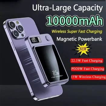 Для Magsafe Magnetic Wireless Power Bank 22,5 Вт, быстрое зарядное устройство для iPhone 15 14 Pro Max Xiaomi 14, внешний вспомогательный аккумулятор Powerbank 10000mAh фиолетовый