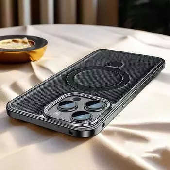 Для MagSafe Магнитный чехол-подставка для телефона iPhone 16 15 14 Pro Max Металлический каркас Текстура углеродного волокна Кожаный чехол Противоударный чехол For iPhone 16 Pro Max чёрный