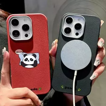 Для Magsafe Магнитный чехол с рисунком спящей панды из кожи с текстурой для iPhone 16 Pro 15 14 Plus 13 12 Pro Max 11 Мягкий ударопрочный чехол из ТПУ с однотонным покрытием iPhone 15 чёрный