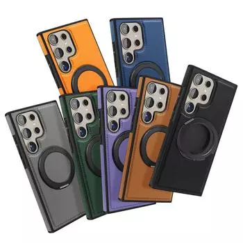 Для Magsafe Magnetic Shell для Samsung Galaxy S25 Edge S24 FE S23 Ultra S22 Plus PU Hybrid TPU противоударный вращающийся на 360 ° металлический чехол-подставка Samsung S24 Ultra оранжевый