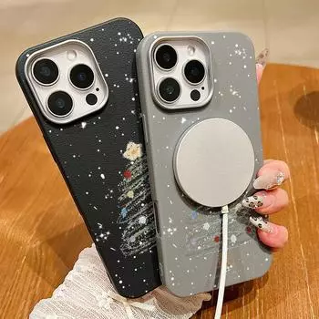 Для Magsafe Магнитный кожаный текстурный чехол для iPhone 16 15 Pro 14 Plus 13 12 Pro Max 11 с рисунком мультяшной рождественской елки противоударный мягкий тонкий чехол из ТПУ iPhone 16 чёрный