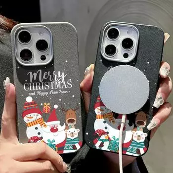 Для Magsafe Магнитный кожаный текстурный чехол для телефона iPhone 16 15 Pro 14 Plus 13 12 Pro Max 11 Веселый Рождественский мультяшный снеговик Мягкий тонкий чехол из ТПУ iPhone 16 чёрный