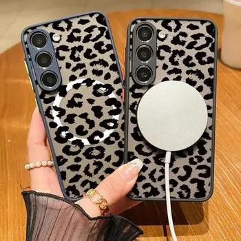 Для Magsafe Магнитный леопардовый принт Прозрачный чехол для телефона Samsung S24 S22 Ultra S23 S21 S20 Fe A55 A54 A53 A52 A35 A15 Противоударный мягкий жесткий чехол с краями Samsung S24 FE чёрный