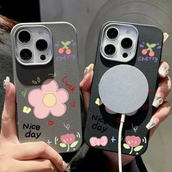 Для Magsafe Магнитный матовый розовый цветочный чехол для телефона iPhone 16 15 Pro 14 Plus 13 12 Pro Max 11 ударопрочный мягкий TPU тонкий кожаный текстурный чехол iPhone 16 чёрный