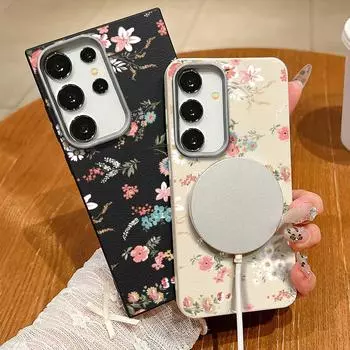 Для Magsafe Магнитный розовый цветочный узор квадратный чехол для Samsung S25 S24 S22 Ultra Plus S23 S21 S20 Fe ударопрочный мягкий TPU тонкий однотонный чехол Samsung S25 чёрный