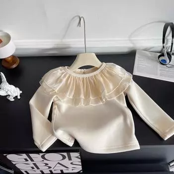 Для маленьких девочек кружевной топ с деревянным воротником и ушками, детская плюшевая рубашка с длинными рукавами, модная и универсальная, а также грязная осень-зима 90 бежевый